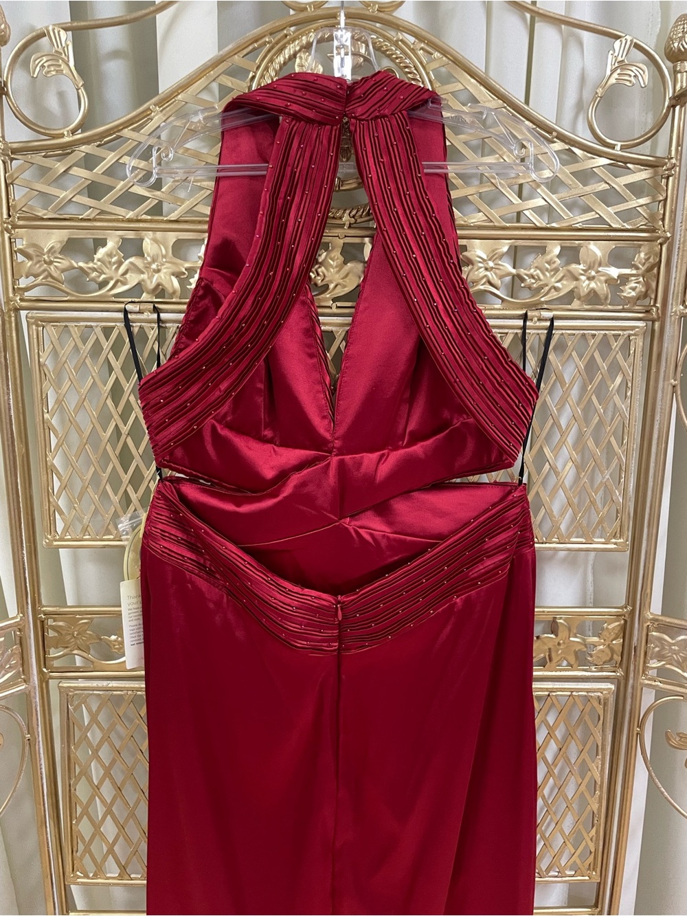 Halter open back Red Satin Evening Gown with Beaded Trim